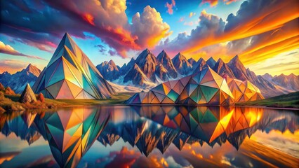 A futuristic glass structure nestled amidst a majestic mountain range, reflecting in a calm lake beneath a vibrant sunset sky.