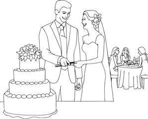Wedding Groom And Bride Cutting Cake Hand Drawn Line Art Drawing Illustration