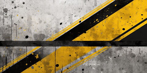 Tech yellow stripes on abstract grey grunge wall texture surface. Modern technical design scene