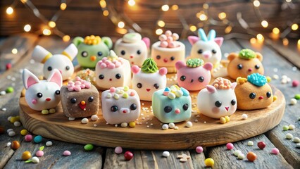 A whimsical assortment of fondant animal treats, decorated with colorful sprinkles, arranged on a wooden platter, illuminated by soft, warm lights.