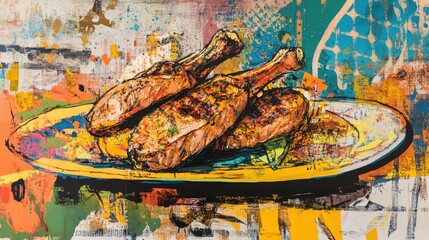 Grilled pork chops on an artistic plate with vibrant colors and abstract background perfect for food and culinary promotion
