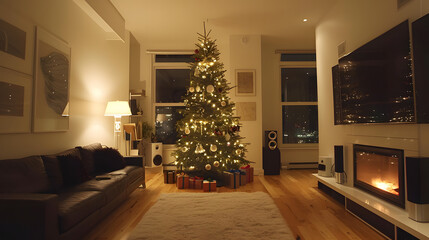A Christmas tree in a modern living room, decorated with sleek metallic ornaments and soft white lights