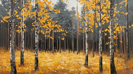Birch trees adorned with vibrant yellow leaves in a serene pine forest during the beautiful autumn season