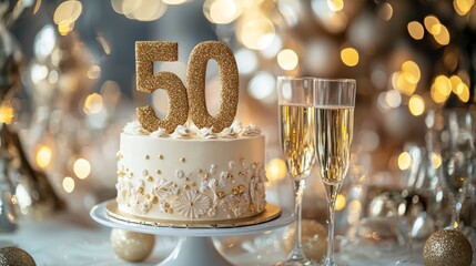 A cake with the number 50 on it is on a table with two champagne glasses