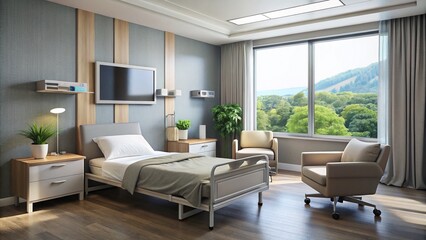 Fototapeta premium Documentary Photography of a Gray-Walled Hospital Ward Featuring a Bed, TV Set, White Armchair, and Large Window Curtains for Healthcare Settings and Patient Comfort