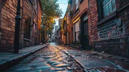 Fototapeta premium A cobbled street between houses in the evening