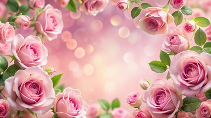 A delicate arrangement of pink roses, forming a beautiful floral frame against a soft, bokeh-filled background.
