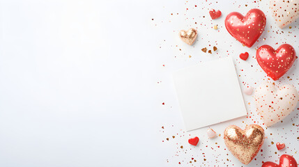 Obraz premium Empty blank paper on white background with red valentine hearts around. Festive romantic and love concept. Valentines or anniversary day background for greeting card, banner with copy space..