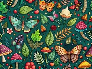 Doodle Style Night Photography in Green: Mushrooms, Butterfly Moths, Leaves, Uvet, and Berries for Nature-Inspired Seamless Patterns