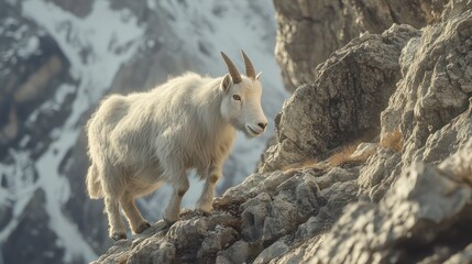 Obraz premium Majestic Mountain Goat on Rocky Peak: A Stunning Wildlife Encounter in the Alpine Wilderness