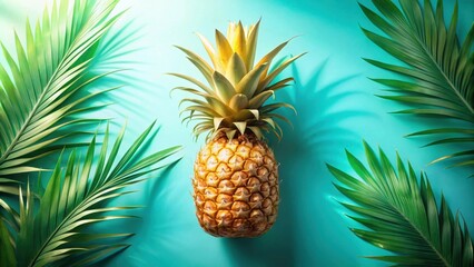 Fototapeta premium A vibrant pineapple nestled amidst lush tropical leaves, capturing the essence of a tropical paradise.
