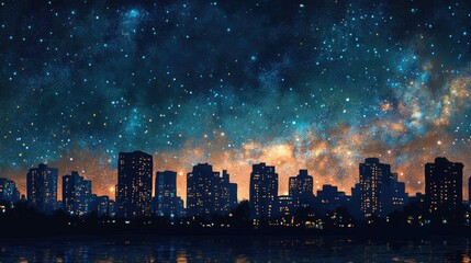 Fototapeta premium Starry night sky filled with the Milky Way over a city skyline illuminated by lights and reflections on the water at dusk