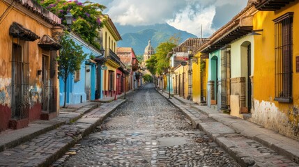 Fototapeta premium A cobblestone street with buildings on both sides