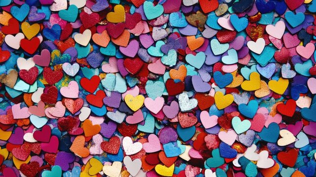 Colorful heart-shaped confetti scattered on a vibrant surface celebrating love and joy in festive occasions.