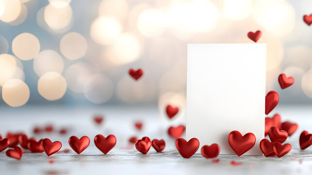 Empty blank paper on white background with red valentine hearts around. Festive romantic and love concept. Valentines or anniversary day background for greeting card, banner with copy space..