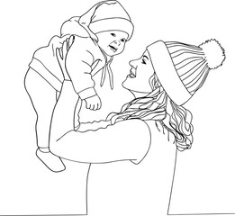 Mom Holds Her Cute Baby Hand Drawn One Line Art Illustration