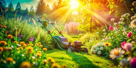 Obraz premium Double Exposure of a Gardener Mowing Grass in a Sunny Summer Garden, Blending Nature with Lawn Care in a Serene Outdoor Setting for Gardening Enthusiasts and Landscapers