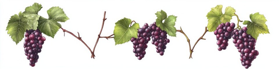 Fototapeta premium Vector illustrations of grape vine with leaves, bunch and flowers in hand-drawn style.