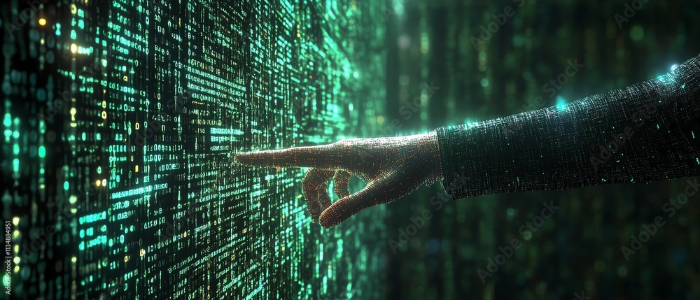 Poster human hand manipulating binary code