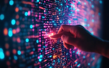 Human hand pressing against a wall of binary code