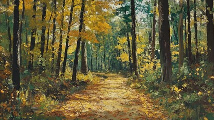 Fototapeta premium Serene forest path with fallen leaves and vibrant green and yellow foliage under tall trees in tranquil autumn scenery.