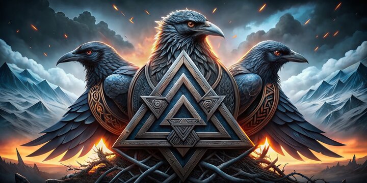Double Exposure of Odin's Celtic Raven with Runic Symbols, Valknut, and Gungnir in a Nordic Warrior Theme, Capturing the Essence of Scandinavian Mythology