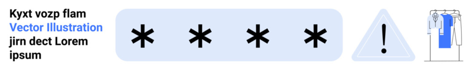 Obraz premium Password protection area displaying asterisks, an exclamation warning triangle, and a clothing item on a hanger. Ideal for cybersecurity, privacy, caution, warning, online safety, e-commerce digital
