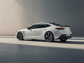 A minimalist photo of a modern sedan taken from a 45-degree angle back of the car, showing both the back and the side.