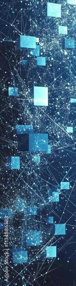 Poster dynamic network visualization highlighting interconnected nodes and vibrant data flows across a deep