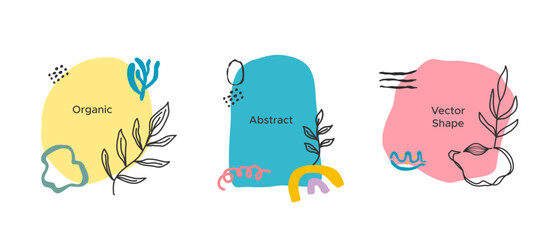 Vector set of minimalistic organic abstract shapes with  and sample text in pastel colors