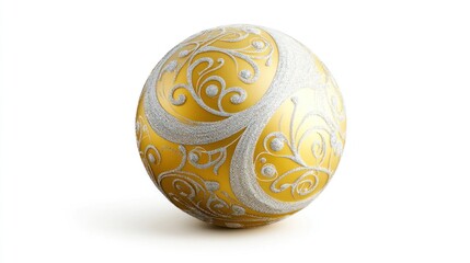 Elegant golden Christmas ball with embossed design, silver glitter detailing, and a shiny round surface, isolated on a white background. Vector art.