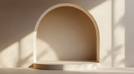 Minimalist abstract background for product presentation, a beige wall with a rounded arch and soft shadows, in soft lighting