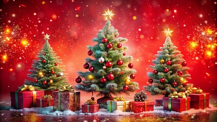 Obraz premium Double Exposure Photography of Christmas Trees with Gifts Creating a Festive Red Background for New Year Holiday Celebrations, Perfect for Winter Greetings and Cards