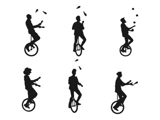 Young man riding unicycle and juggling clubs. Clown mono cyclic, riding mono cycle on a wire above audience. Flat icons for logo, symbol, label, and sticker. Isolated on a white background. © ultra designer
