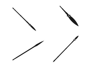Spear icon logo design vector for multiple use.  A black and white silhouette vector of a spear. Flat icons for logo, symbol, label, and sticker. Isolated on a white background.