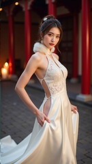 Fototapeta premium 光沢のあるアイボリーのハイネックドレスを着た女性が伝統的な赤い柱の前でポーズをとり、背中の大胆なカットデザインとエレガントな裾を際立たせたクラシカルで洗練された美しさを表現。