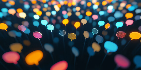 Floating colorful speech bubbles in a dark background, symbolizing communication, conversation, and creative interaction in a modern and abstract style.