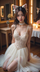 鏡台の前でクリームホワイトの繊細なチュールドレスを着た猫耳アクセサリーの女性が座り、暖かいライトに照らされるロマンチックでフェミニンな室内ポートレート。