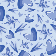 seamless pattern with blue hearts and delicate blue petals with cornflowers on a blue background, for the holiday of St. Valentine