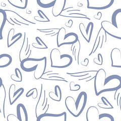 seamless pattern with icons of round blue hearts with fairy wings in the background line art and various hearts