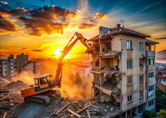 Fototapeta premium Dramatic Demolition of a Turkish Apartment Building in Istanbul at Sunset with Excavator in Slow Motion Creating Dusty Atmosphere