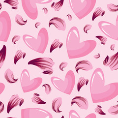 
festive pattern for St. Valentine's Day of pink hearts and lily petals placed randomly on a background, for the holiday of St. Valentine
