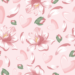 seamless festive pattern of pink hearts with various petals and buds of pink magnolia on a pink background, for Saint Valentine's Day