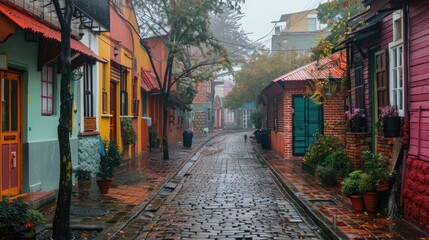 Fototapeta premium a colorful brick street lined with row houses, misty atmosphere, landscapes, traditional street scenes, colorful woodcarvings, delicate colors.