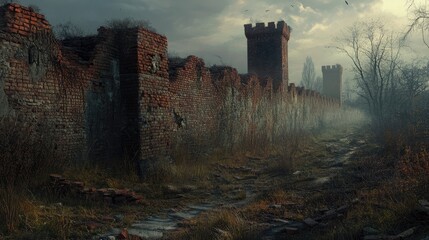 Fototapeta premium Aging fortress wall with crumbling bricks surrounded by overgrown vegetation under a moody sky evoking forgotten history and architecture