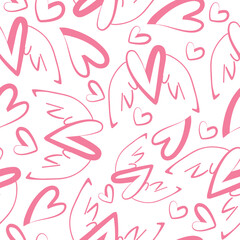 valentines day seamless pattern with icons of long pink hearts with folded wings in the background line art and various hearts