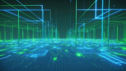 A futuristic digital landscape featuring glowing blue and green gridlines that represent abstract technology and data flow in cyberspace.