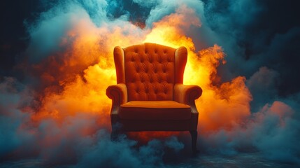 A vintage armchair with burning 
fireplace creates a cozy, antique interior ambiance