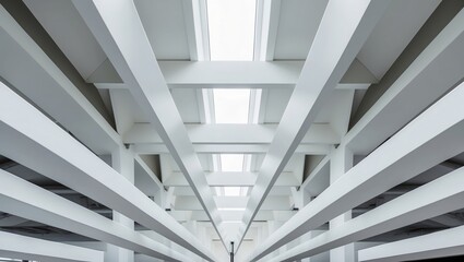 Obraz premium Modern architectural ceiling with intersecting white beams and skylights that creates a bright and spacious atmosphere, enhancing contemporary interior design.