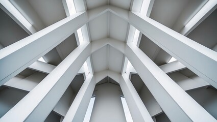 Obraz premium Modern architecture captured from below, showcasing white pillars and geometric lines, creating a sense of openness and elegance.